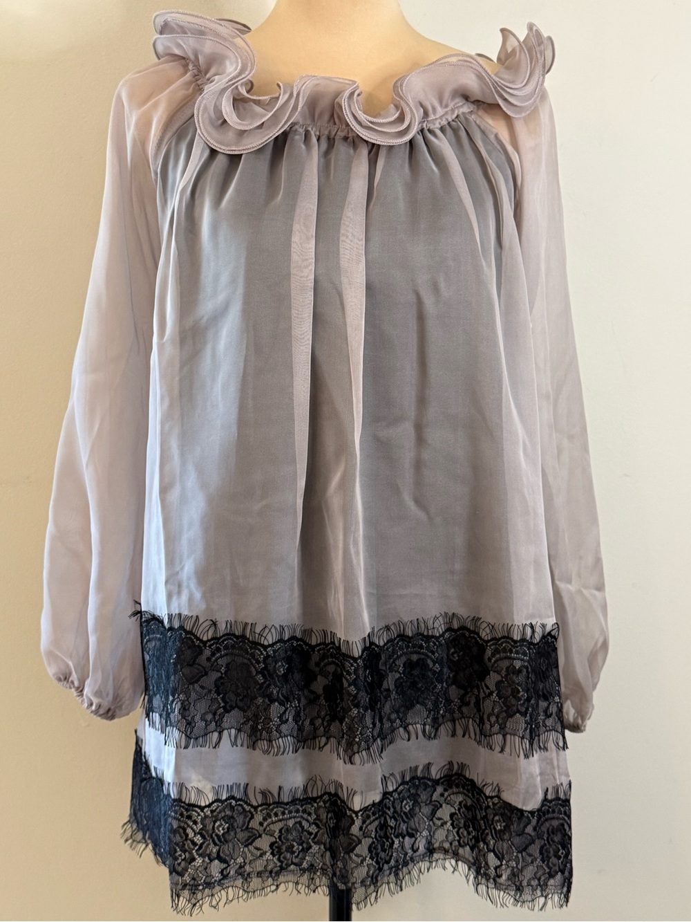 RYU: wearable art top gray ruffled collar black lace trim sheer SZ SM